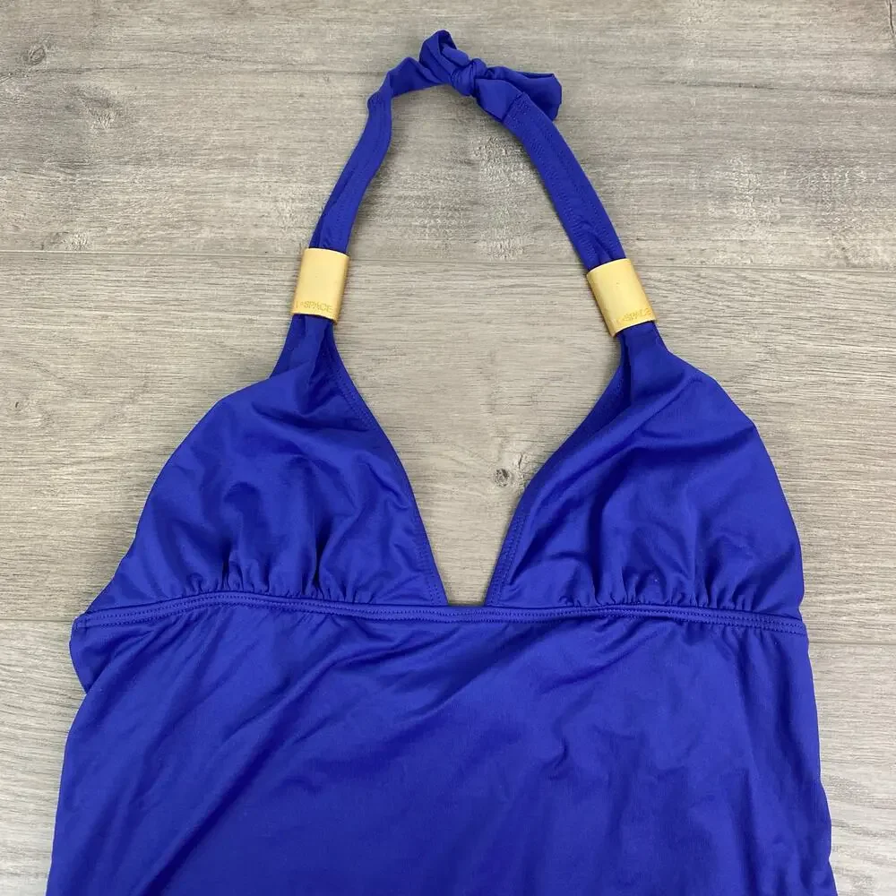 L*Space Blue Purple Halter Neck Tie Scoop Back One Piece Swimsuit Sz.L